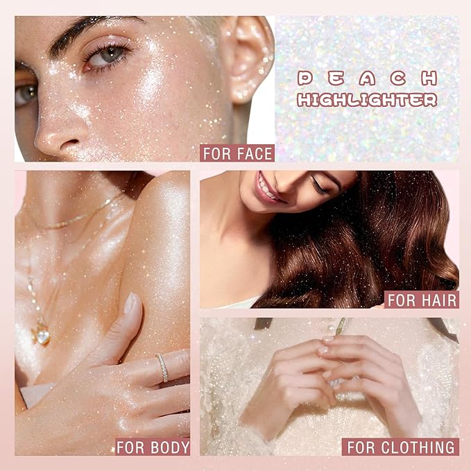 Highlighter Makeup Powder Plush Peach Ball Puff Glitter Shimmer Sparkle Loose Patting Powder for Body Face Hair Multi-Use High Gloss Shine Bright Illuminator Makeup Glossy Diamond Glow