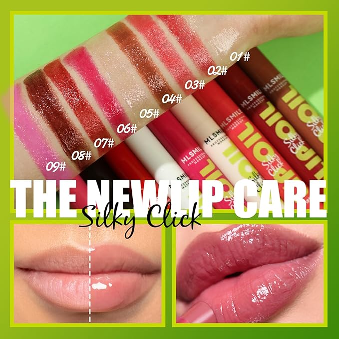 3 Colors Fat Lip Oil Click Slick, Moisturizing and Long-lasting Lip Balm, Non-stick and High Pigment Lip Glow Oil, Lightweight Lip Plumper with Coconut Oil (Set: A)