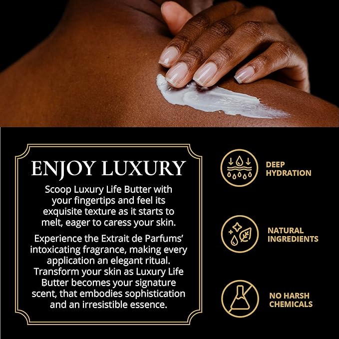 LUXURY LIFE BUTTER - Irresistibly Scented Body Butter with Hyaluronic Acid for Ultimate Moisture. Hydrates for a Non-Greasy Glamorous Glow (Presidential, Intimate Dessert, Tobacco Vanilla 5 oz)