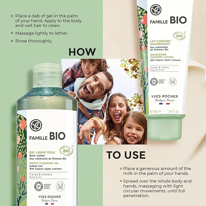 Yves Rocher Famille BIO Organic Cleansing Gel & Nourishing Comfort Milk Gift Set, Includes Vanity Bag, Apple Extract Botanical Formula, Organic Skin Care Products for Kids & Families