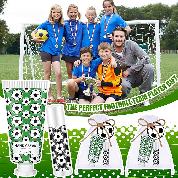 36 Sets Soccer Lip Balm Hand Cream Set soccer Party Favors, Include 36 Lip Balm 36 Moisturizing Hand Cream 36 Bags 36 Cards and Ropes for Soccer Accessories Gifts