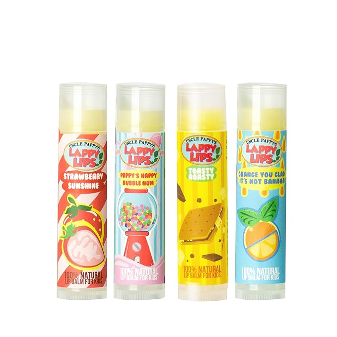 Lappy Lips Organic 100% Natural, Lip Balm Chap stick for Kids, Toddlers (4 flavors) - Organic Essential Oil - for Dry Chapped Lips to Restore and Heal and Make Kids Happy