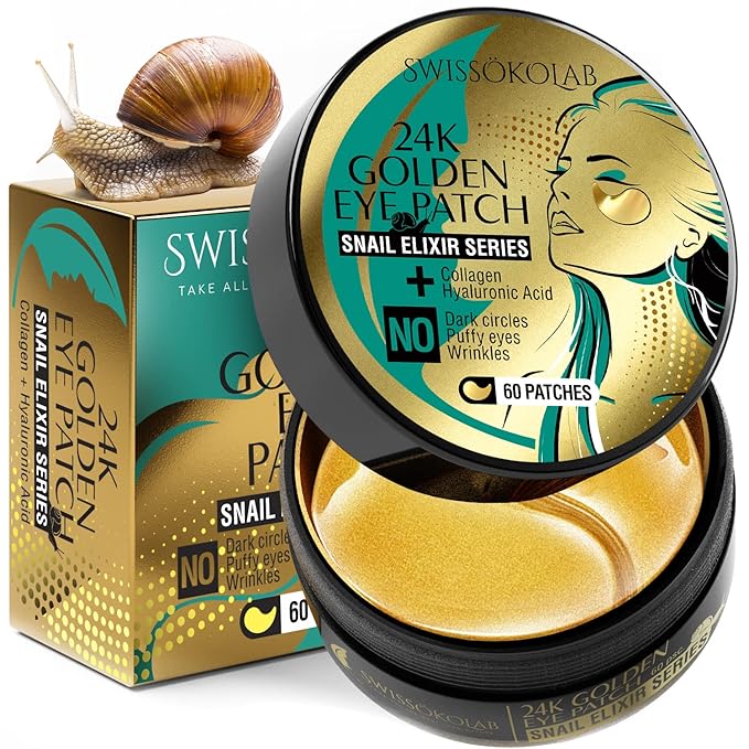 SWISSÖKOLAB Under Eye Patches For Puffy Eyes 24k Gold Eye Mask Dark Circles And Puffiness Collagen Eye Gel Pads Moisturizing & Reducing Wrinkles Anti-Aging Hyaluronic Acid (Snail Series)
