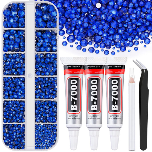 6000Pcs Resin Rhinestones for Bedazzling with 3Pcs B7000 Jewelry Glue, 1 Box Royal Blue Flatback Rhinestones for Crafting Crafts DIY, Crystals Gems for Clothing Shoes Tumblers Nail Art Makeup