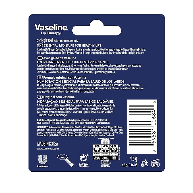 Vaseline Lip Therapy Care Original, Fast-Acting Nourishment, Ideal for Chapped, Dry, Cracked, or Damaged Lips, Lip Balm, 0.16 Ounce (Pack of 4)