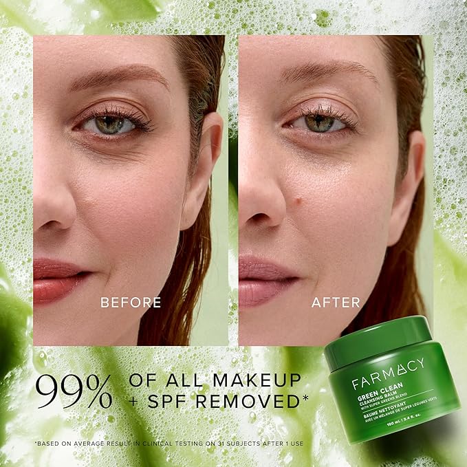 Farmacy Makeup Remover Cleansing Balm - Green Clean Waterproof Makeup Remover + Oil Based Cleanser - Newly Formulated Double Cleanser with Plant Based Waxes + Upcycled Moringa (100ml)