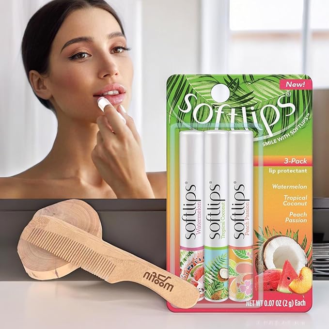 SoftLips Lip Balm, 0.63 oz - Tropical Lip Balm in Hydrating Watermelon, Coconut & Peach Flavors with Shea Butter & Vitamin E, Bundle with Moofin Wooden Comb, Nourishing LipBalm Set (Pack of 1)