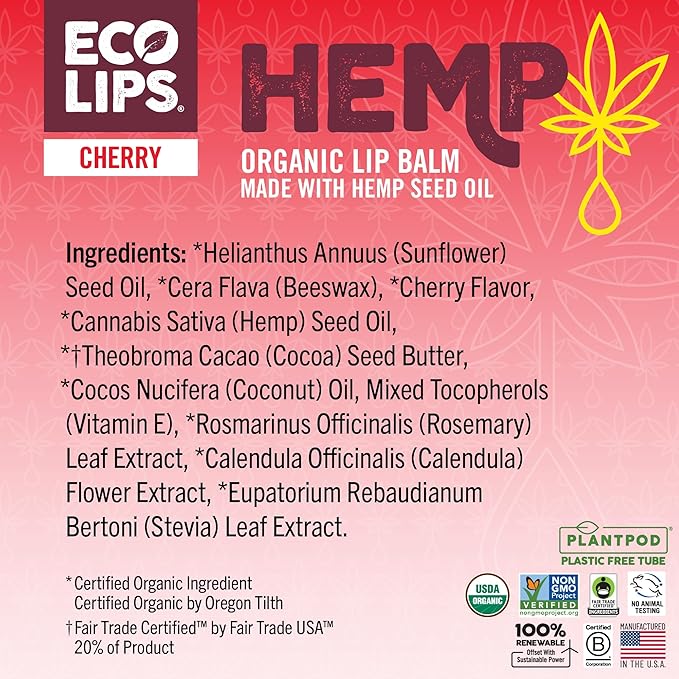 Eco Lips Organic Hemp Lip Balm with Beeswax, Coconut Oil, Vitamin E. Best Chapstick to Soothe & Moisturize Dry, Chapped Lips (Cherry, 6-Pack)