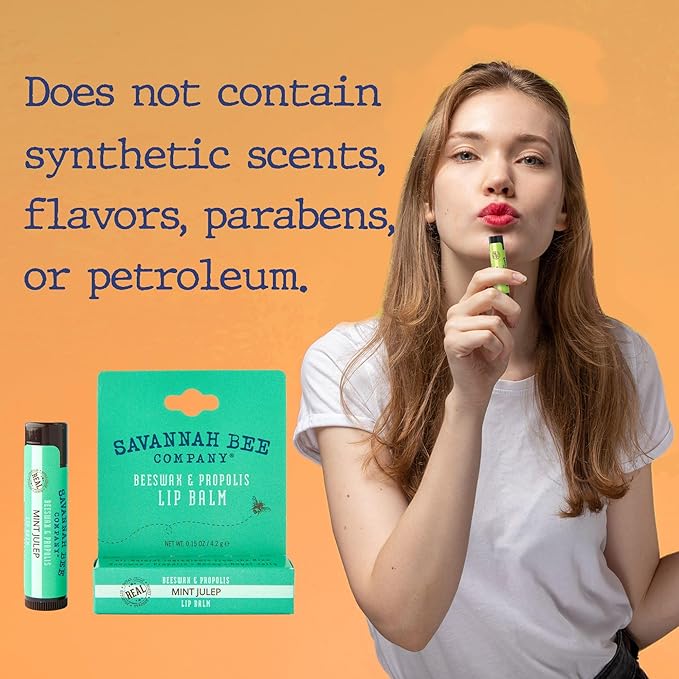 Savannah Bee Mint Julep Lip Balm 0.15 oz - Invigorating Mint Flavor - Natural Ingredients for Supple, Soft Lips - Convenient Hanger Design