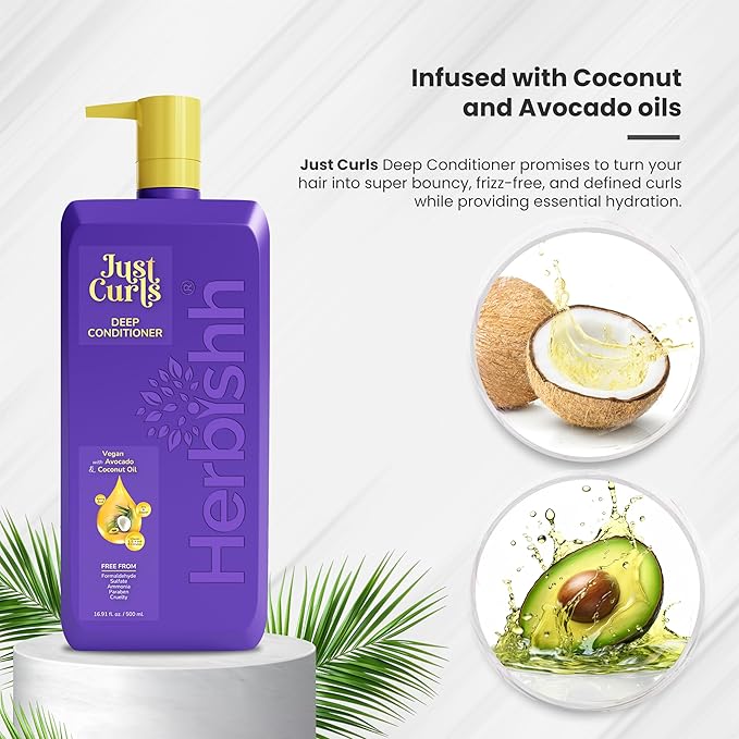 Herbishh Just Curls Deep Conditioner for Curly, Wavy Hair, 500ml, Avocado & Coconut Oil, Vegan, Curlfaction & Dry Damaged, Detangler