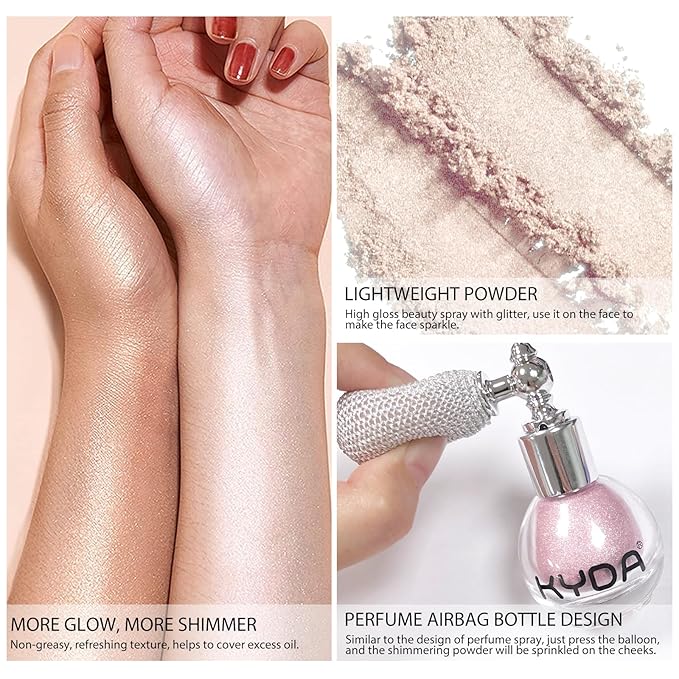 KYDA Highlighter Powder Spray, Glitter High Gloss Spray Shimmer Sparkle Powder Makeup Spray, for Face Body Cosmetic-Soft Pink