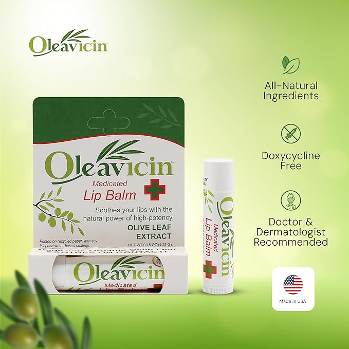 Natural Lip Balm by Oleavicin | Dry Lip Relief | Patented Moisturizing Formula for Chapped Lips | Organic Olive Leaf Extract