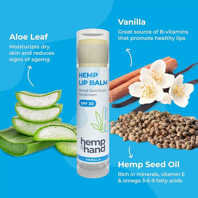 Organic Vanilla Hemp Lip Balm with Beeswax, Coconut Oil and Vitamin E - SPF 30 - by Hemp and Hand (1 Count (Pack of 4))