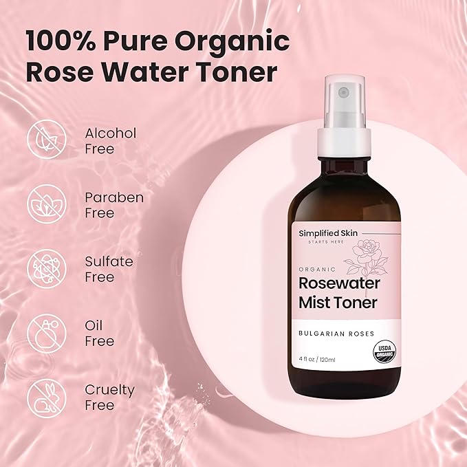 Rose Water Spray for Face & Hair (Refill) - Organic USDA Certified Rosewater Facial Toner - Alcohol-Free Makeup Setting Hydrating Face Mist - Anti-Aging Toner Spray - 8 Fl Oz