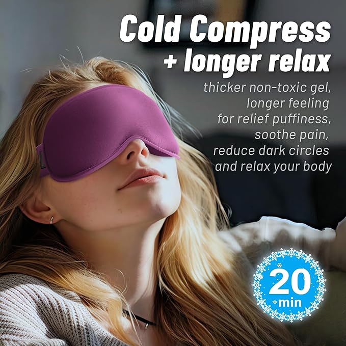 Cooling Gel 3D Sleep Eye Mask-Weighted Blackout Sleep Mask & Cold Compress for Dark Circles, Dry Eyes, and Puffiness - Comfortable, Eyelash-Friendly, Reusable for Relaxing Sleep-Purple