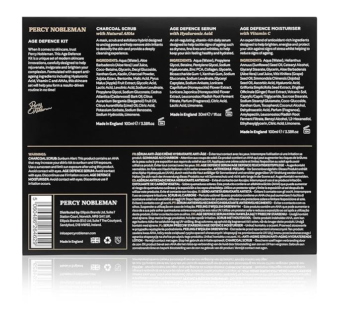 Percy Nobleman Age Defence Kit, a men's skincare set containing Charcoal Face Scrub (with Natural AHAs), ultra-hydrating Facial Serum (with Hyaluronic Acid), and Moisturiser (with Vitamin C)