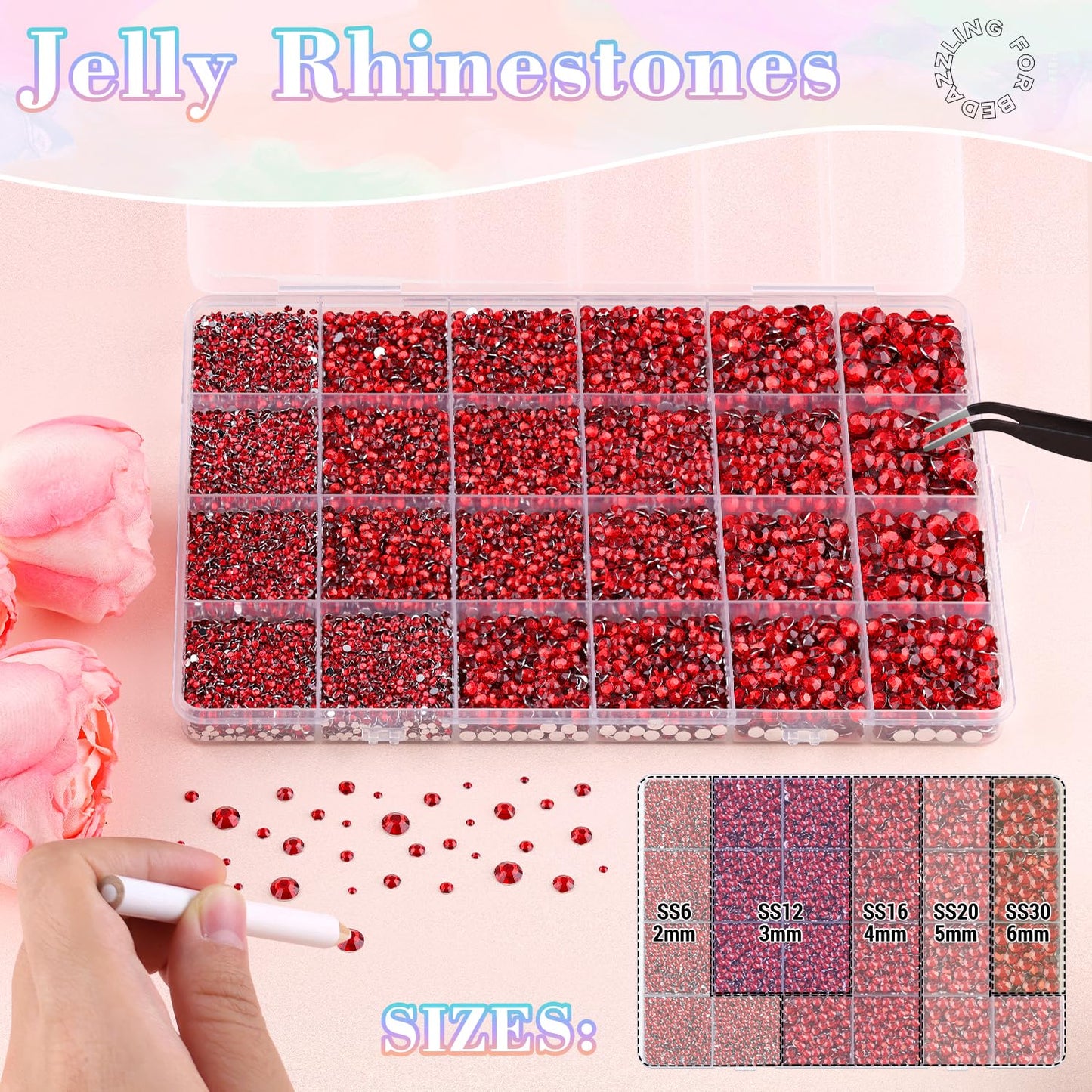 30000Pcs Resin Red Rhinestones with B7000 Jewelry Glue for Crafting, 2-6mm Non Hotfix Flatback Gems, Bedazzling Crystal for DIY Crafts Clothing Tumblers Mugs Shoes Fabric Decor Nail Art