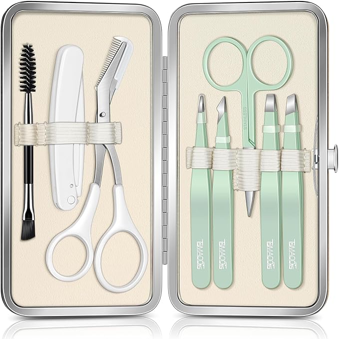 TsMADDTs Tweezers for Women, 8 in 1 Eyebrow Kit with Tweezers, Trimmer, Scissor, Razor, Brush with Travel Bag, Eyebrow Shaping Kit