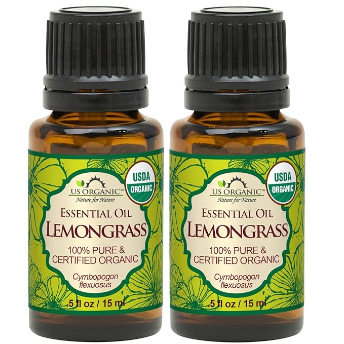 US Organic 100% Pure Lemongrass Essential Oil, USDA Certified Organic, Extracted by Steam Distillation Method, for Hair, Nail Polish Remover, Bees Attraction, and More. 15 ml, Value 2 Pack