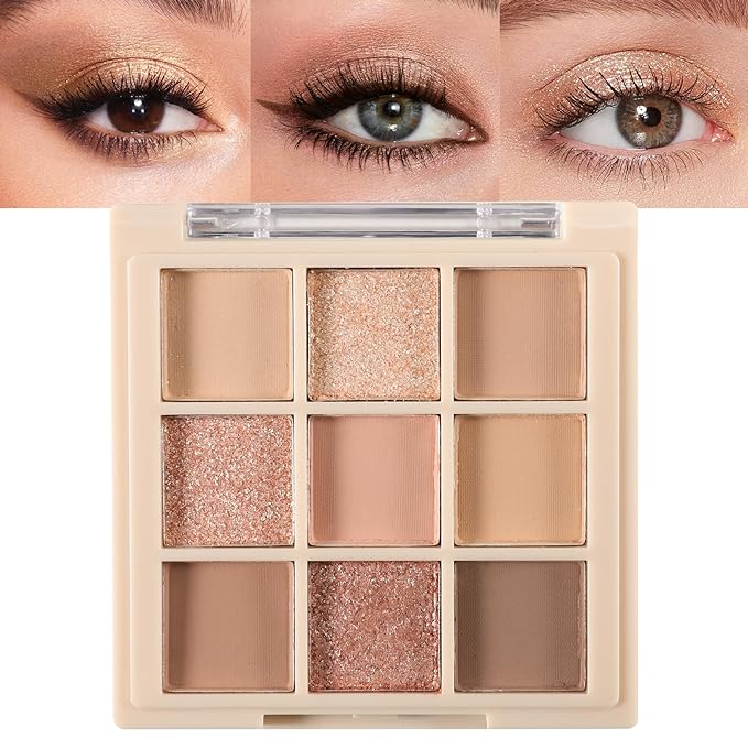 Erinde 9 Colors Eyeshadow Palette, Matte Shimmer Glitter Eye Shadow Makeup Palette, Highly Pigmented Long Lasting Waterproof, Natural Neutral Nude Eyeshadow Makeup Pallet, Milk Latte Color