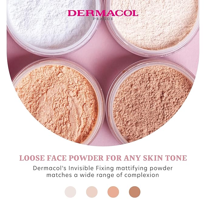 Dermacol - Invisible Fixing Face Powder, Touch-proof Translucent Setting Powder for Oily Skin & Other Skin Types, Loose Powder Makeup, Frangrance-Free Matte Powder with Powder Puff, White, 13.5 g