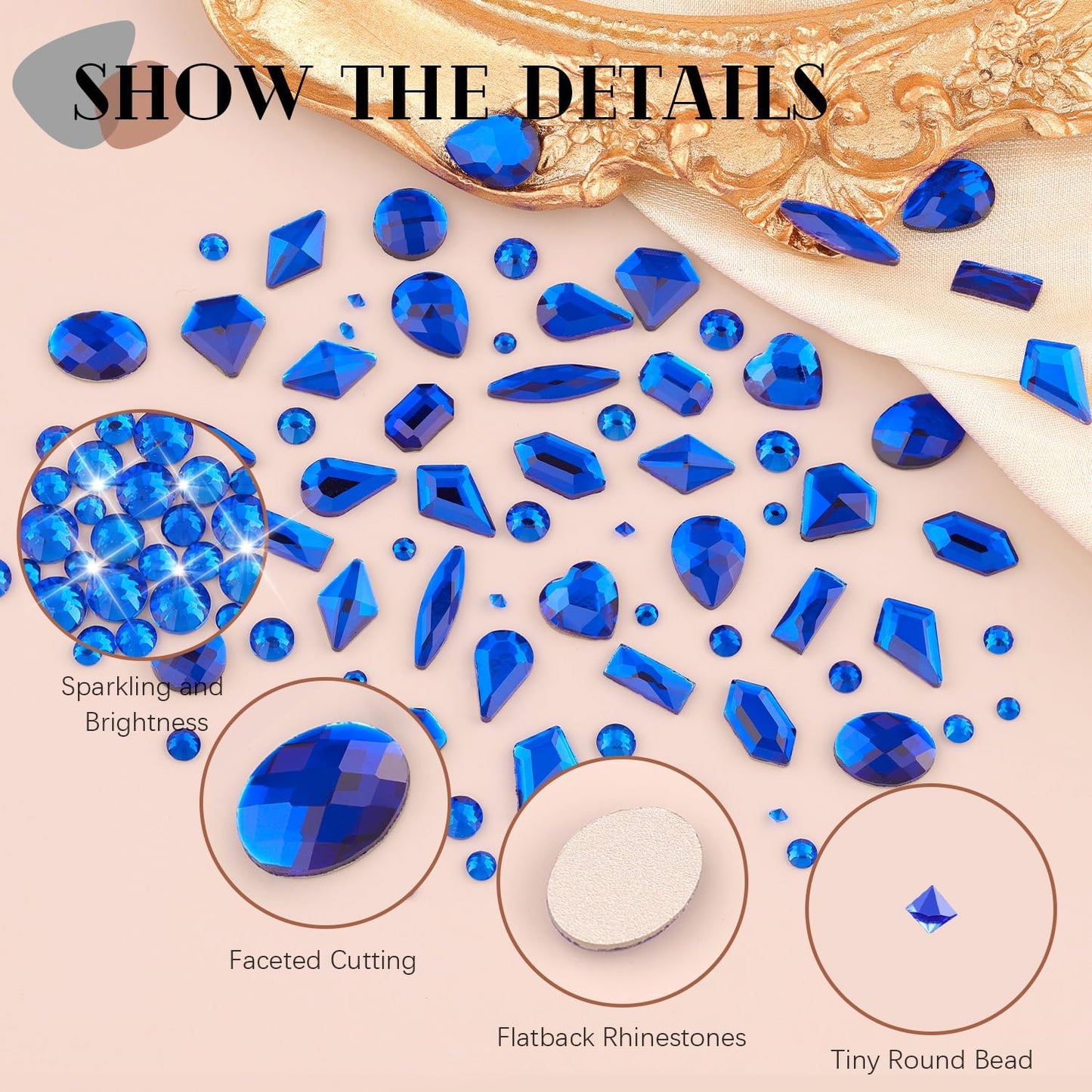 2680Pcs Royal Blue Glass Nail Rhinestones 120Pcs Multi Shapes Flatback Nail Gems + 2560Pcs 1.5-4mm Round Crystal, Manicure Nail Charms Diamond Gemstones for Acrylic Nails Decoration