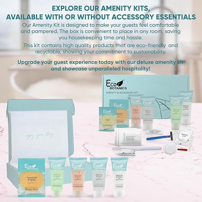 Eco Botanics Amenity Kit | Boxed Hotel Toiletries | Bulk Set .85 oz Travel Size Shampoo, Conditioner, Lotion, Body Wash & Body Bar Soap for Guest Hospitality AirBnB/Vacation Rentals | 60 sets per case