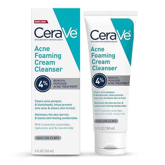 CeraVe Acne Foaming Cream Cleanser, 4% Benzoyl Peroxide Face Wash With Hyaluronic Acid, Niacinamide & Ceramides, Gentle Daily Acne Treatment For Face