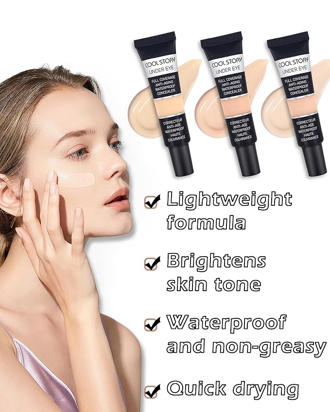 2 PCS Under Eye Concealer Full Coverage, Waterproof Color Correcting Concealer All Day Coverage Dark Circles, Puffiness, Redness, Lightweight Cream Foundation Brightener, Natural Matte Finish, Medium