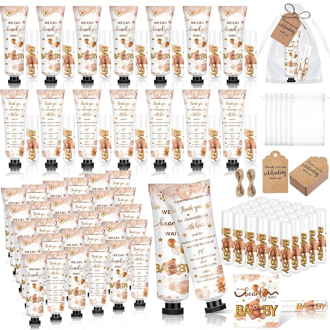 50 Sets 200 Pcs Baby Shower Hand Lotion and Lip Balm Gift Theme Baby Shower Party Favors Travel Size Hand Lotion and Lip Balm Bulk with Organza Bags Tags(Bear)