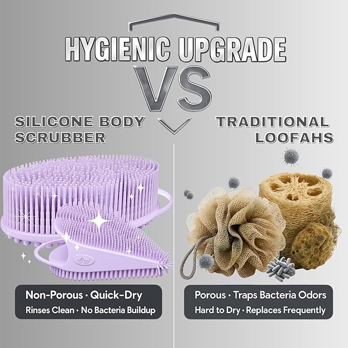 Avilana Silicone Body Scrubber – Gentle Shower Brush & Loofah Alternative- Food Grade & Lab Tested – Fast-Drying, Hygienic, BPA-Free Silicone Body Gentle Exfoliator (Lavender, Body & Face)