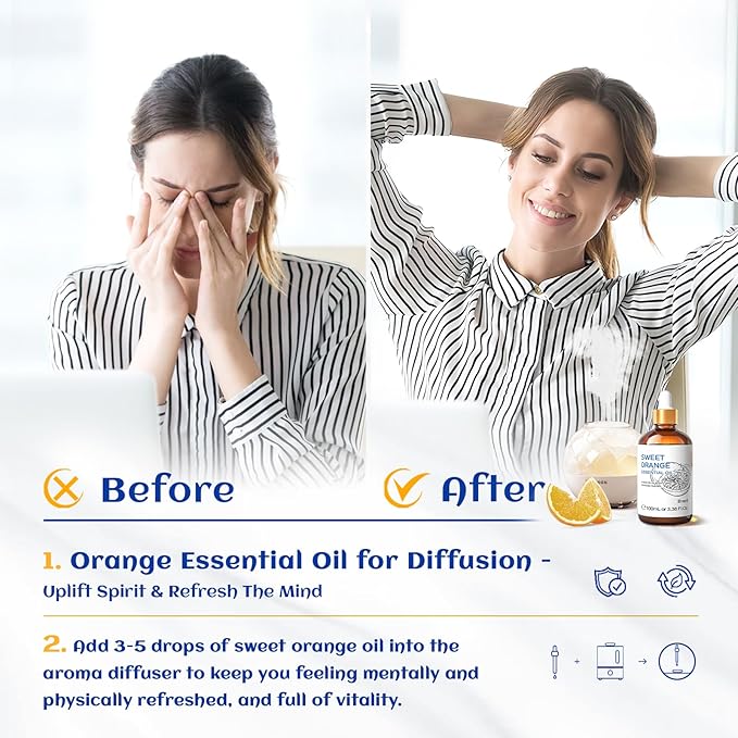 HIQILI 100ML Orange Essential Oil for Air Freshener, DIY Soap, Skin Care, Can be Added to Diffusers, Dryer Balls, Lotions for Use - 3.38 Fl Oz
