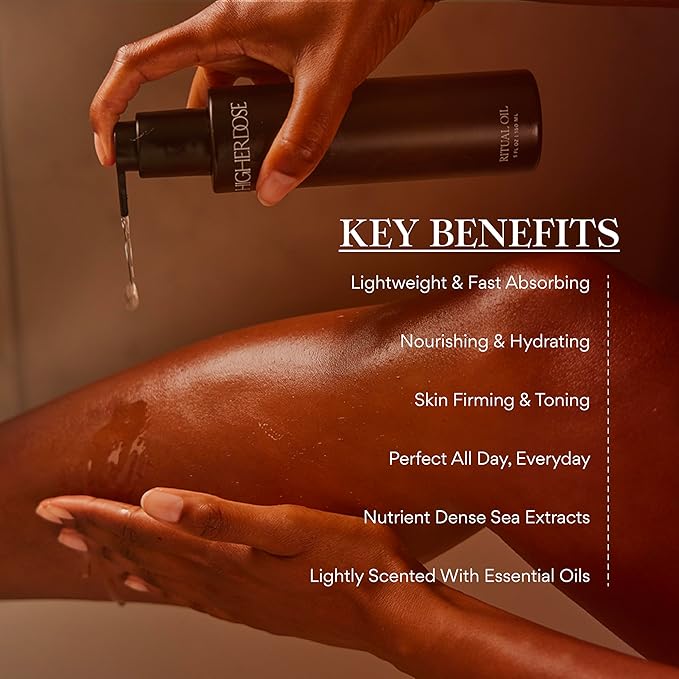 HigherDOSE Ritual Oil - Ayurvedic Daily Nourishing Body Oil for Dry Skin - Moisturizing Body Oil Enriched with Sea Buckthorn & Essential Oils to Deliver Nourished, Toned & Glowing Skin (5 Fl Oz)