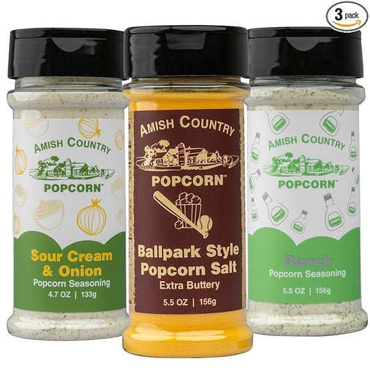 Amish Country Popcorn | Seasoning Variety Pack | Ballpark Style ButterSalt - 5.5 oz, Ranch - 5.5 oz & Sour Cream and Onion - 4.7 oz Popcorn Seasoning | Old Fashioned, Non-GMO and Gluten Free