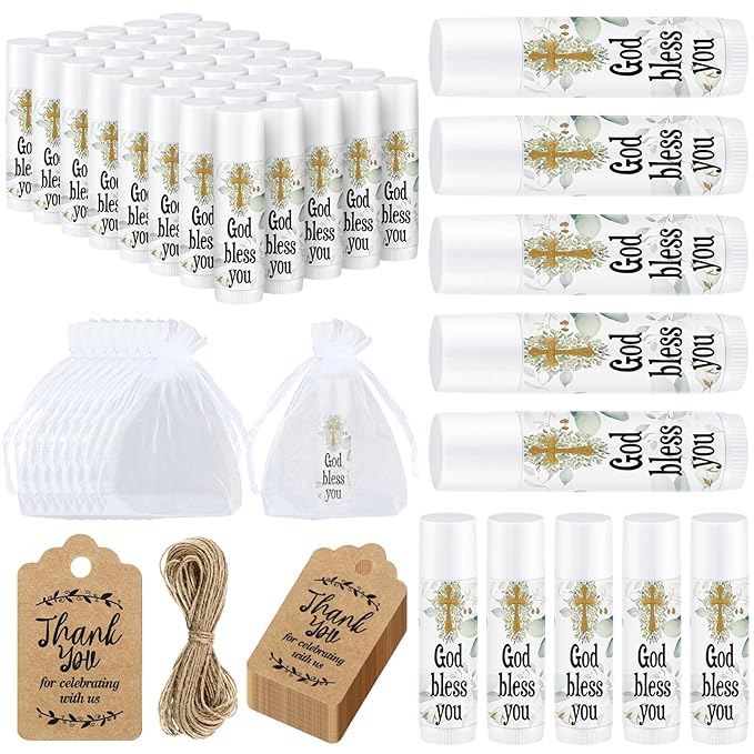 Demissle 50 Pcs Baby Shower Lip Balm Gift Set with 100 Pcs Organza Bags Baby Shower Party Favor for Guest Thank You Tag Rope Baby Shower Party Decoration Gender Reveal Souvenirs (God Bless You)