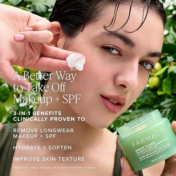 Farmacy Makeup Remover Cleansing Balm - Green Clean Waterproof Makeup Remover + Oil Based Cleanser - Newly Formulated Double Cleanser with Plant Based Waxes + Upcycled Moringa (100ml)
