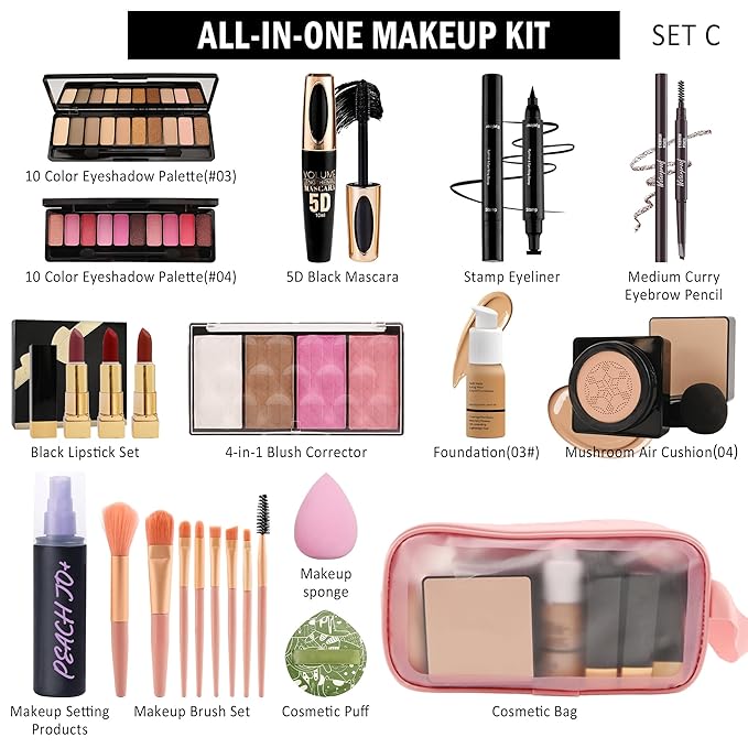 All In One Multipurpose Makeup Kit for Women,Travel Makeup Set,Makeup Gift Full Kit,Includes Foundation Eyeshadow Palette Lipstick Mascara Eyeliner Blusher Cosmetic Brush Set with Makeup Bag-Set C