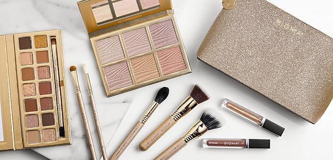 Sigma Beauty Ambiance Complete Collection - 14 Buttery Eyeshadow Powders, Highlighter Palette with 6 Metallic Highlighters, 2 Hydrating Lip Gloss, & 5 Makeup Brushes - Full Makeup Set