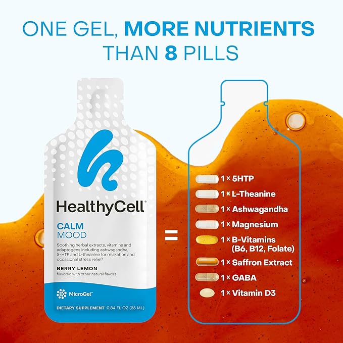 Healthycell Calm Mood Daily Liquid Supplement - Cortisol Manager & Mood Support Supplement for Stress with Ashwagandha, L-Theanine, Magnesium, 5-HTP, GABA & Saffron - 14 Gel Packs
