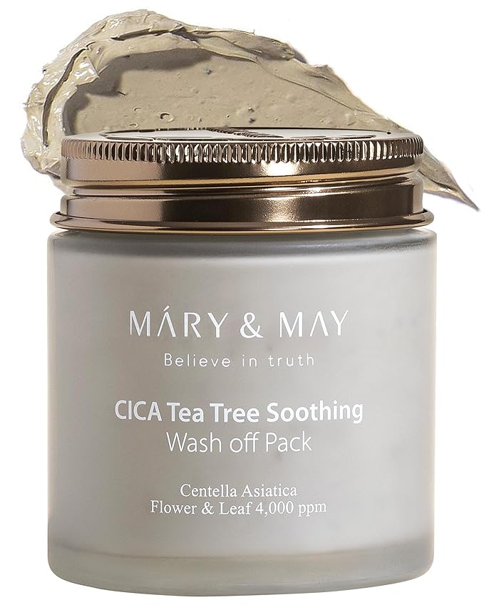 Mary&May Vegan Cica Tea Tree Soothing Wash Off Pack - Natural Centella Clay Mask for Sensitive Skin, Relieves Irritation, Cleanses Pores, and Hydrates, 4.23oz.