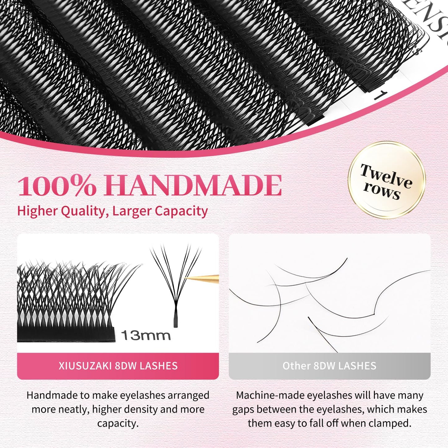 Lash Extensions Double Tips 4D Eyelash Extensions W Shape 0.07mm Thickness D Curl 13mm Premade Fans Easy Fan Volume Lashes Matte Black Crisscross(W-4D-Double Tips-0.07-D,13mm)