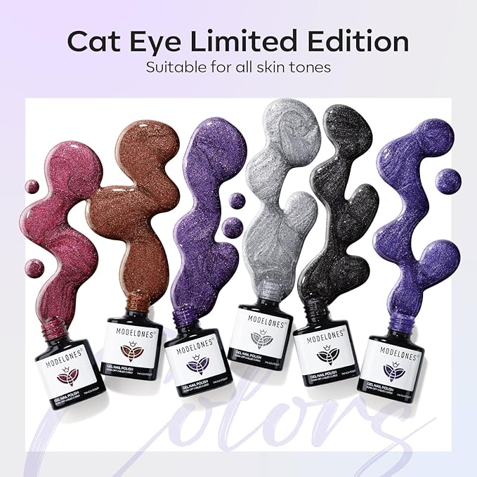 modelones Cat Eye Gel Nail Polish Set, 6 Colors 9D Glassy Cat Eye Glitter Gel Polish Black Red Purple Blue Silver Brown Nail Polish All Seasons with Magnet Soak Off Led DIY Salon Gift
