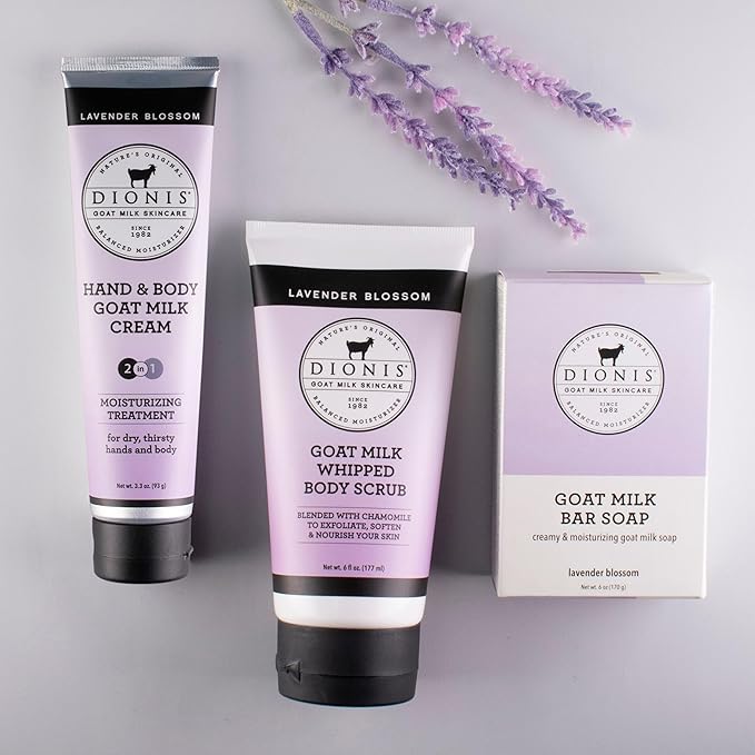 Dionis Goat Milk Skincare Lavender Blossom 3 Piece Self Care Essentials Gift Set - Bar Soap, Hand & Body Cream & Whipped Chamomile Sugar Body Scrub In Recyclable Box - Exfoliate & Moisturize Dry Skin