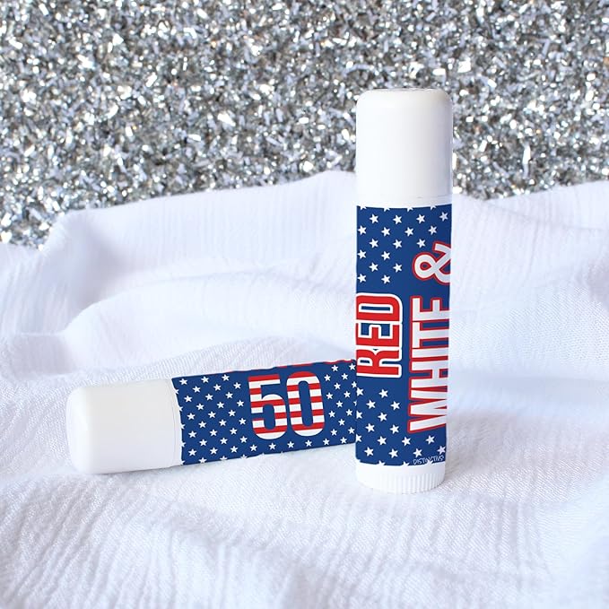 Red White and Blue 50th Birthday Party Favor Lip Balm Labels - 36 Count, Patriotic Birthday Party Supplies