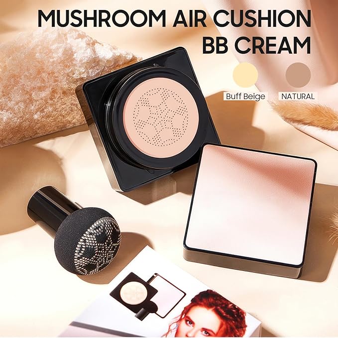 Air Cushion CC Cream Mushroom Head - Moisturizing & Oil Control Screw Lid Concealer Makeup Base, Primer Liquid Foundation Long Lasting with Mushroom Makeup Sponges for All Skin Types (Natural)