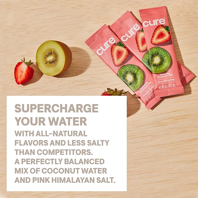 Cure Hydration | Plant-Based Electrolyte Drink Mix | No Added Sugar | Dehydration Relief Powder Made with Coconut Water | Non-GMO | Vegan | 28 Servings Jar - Strawberry Kiwi
