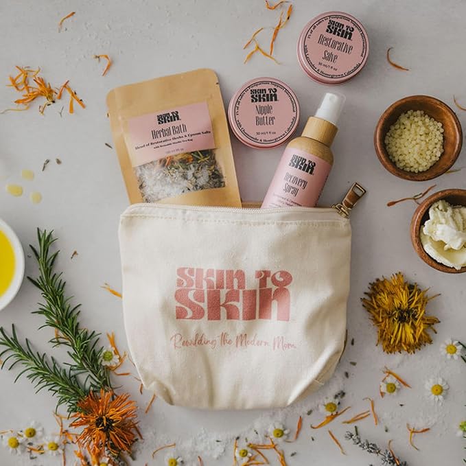 Skin to Skin Postpartum Kit-4 Piece Set in Cosmetic Bag - Postpartum Recovery - Includes: Herbal Bath, Recovery Spray, Restorative Salve, and Nipple Butter - Postpartum Care Kit - After Birth Care Kit