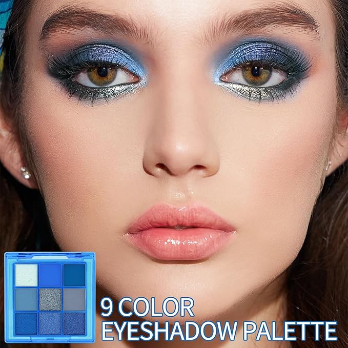 Erinde 9 Colors Dark Light Royal Cobalt Blue Pearl White Glitter Shimmer Eye Shadow Makeup Palette Highly Pigmented Waterproof Matte Glitter Shimmer Daily Party Sparkling Eyeshadow Palett for Girl