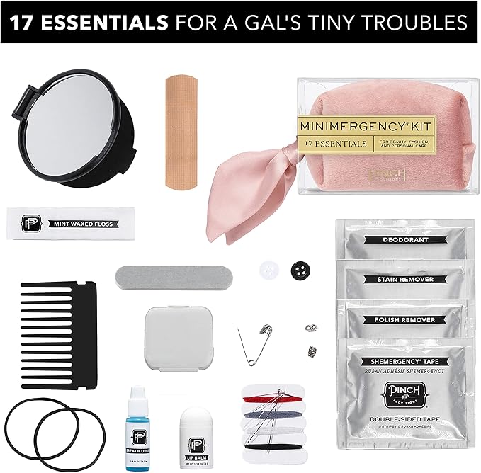 Pinch Provisions Velvet Minimergency Kit, for Her, Includes 17 Must-Have Emergency Essential Items, Compact, Multi-Functional Pouch, Gift for Parties and Birthdays