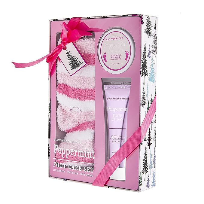 Live Green Bath and Body Pedicure Set- Relaxing Foot Care Set with Pink Fuzzy Socks, Peppermint Foot Lotion, and Foot Scrub, Holiday Present for Women